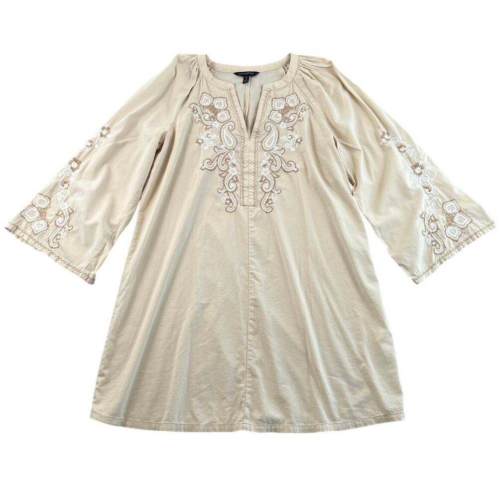 Banana Republic Oatmilk Embroidered Shift Dress Boho Cotton Blend Mini Petite S
